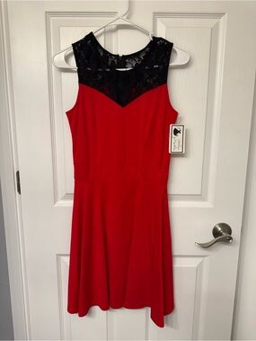 Heloise Fashion Red Sleeveless Fit & Flare Dress with Black Lace Neckline XS